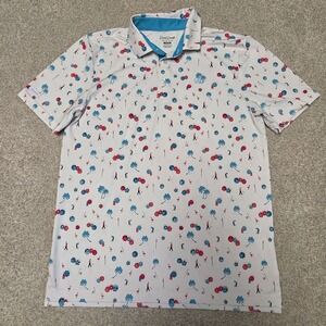 Good Good Golf Mens Medium Polo Shirt White Tropical Flamingo Palm Tree Print